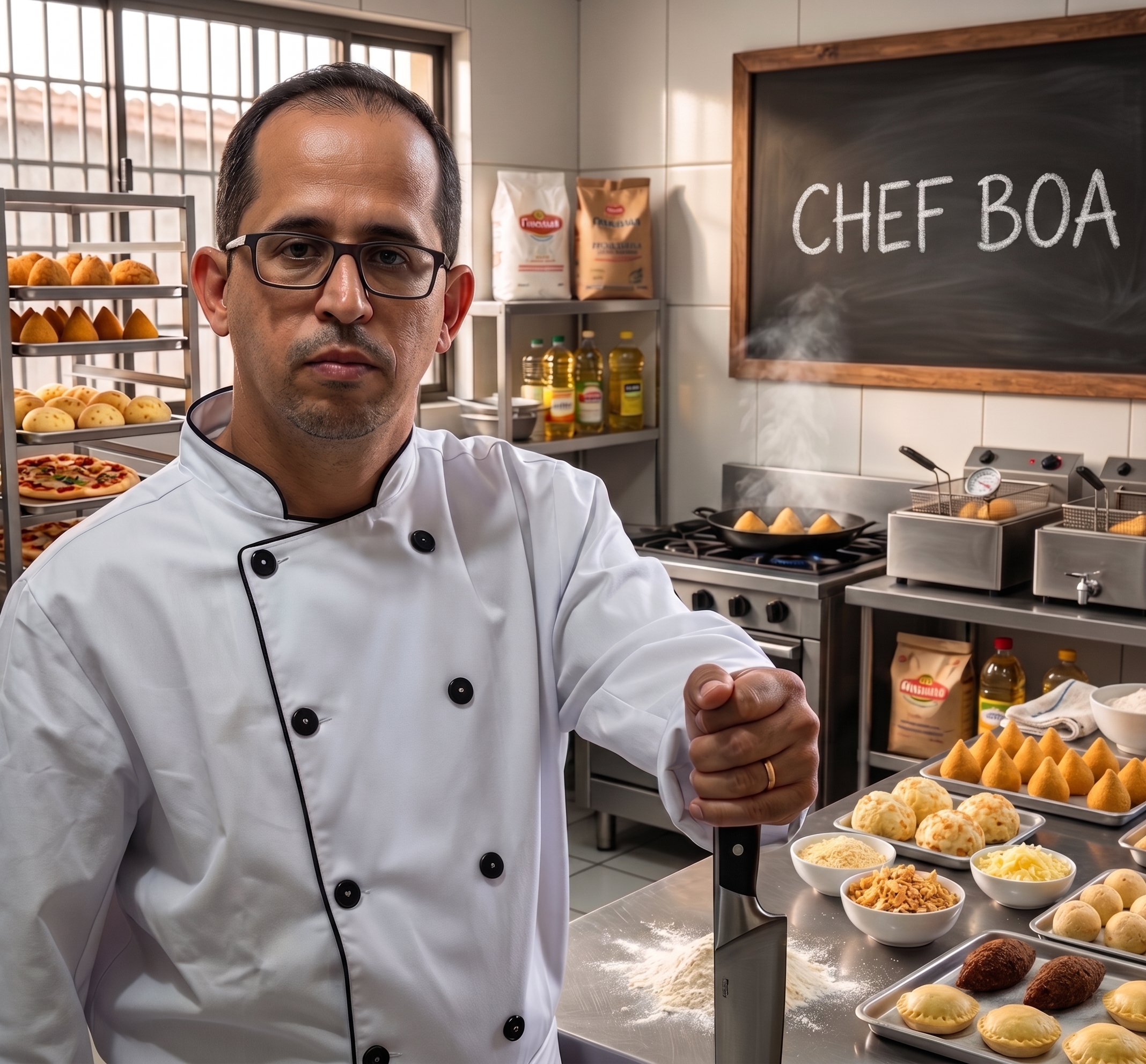 Chef Boa na cozinha durante o preparo dos salgados